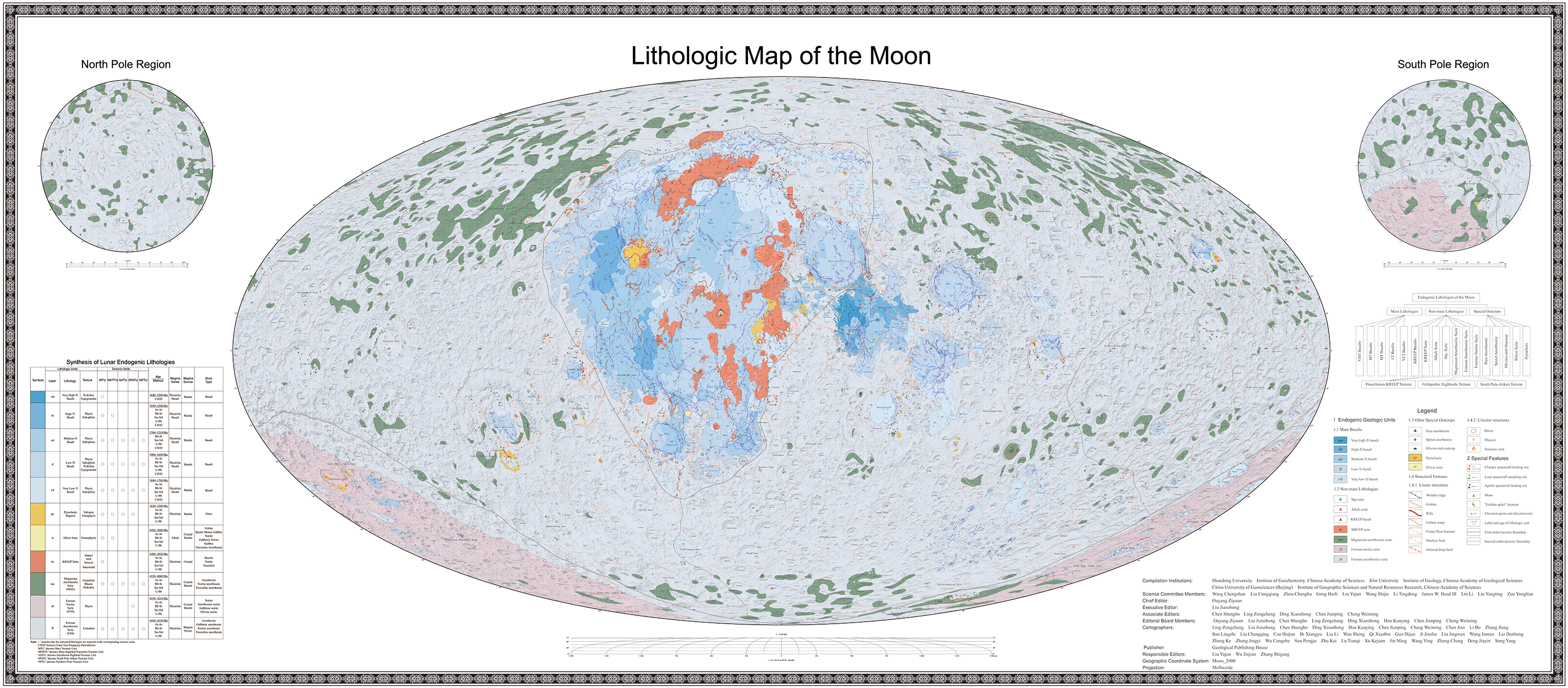 The lithographic map shows the Moon in a new way with different rock types represented by their color