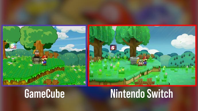 paper mario: the tisic year door screenshot comparing the switch and gamecube to the landscape