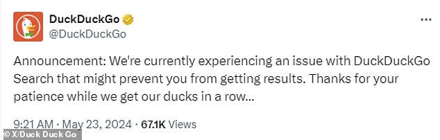 DuckDuckGo's statement regarding the outage was published at 9:21 GMT