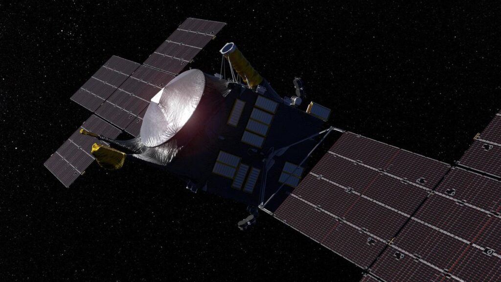 a spacecraft with silver conical antenna dome and winged solar panels floats in space.