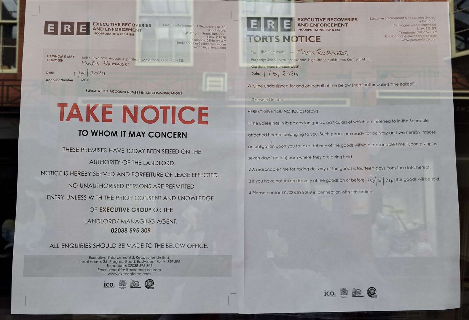 Seizure notice on the door of Iris Hair and Beauty Salon in the Royal Star Arcade