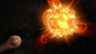 a small planet next to a violent star