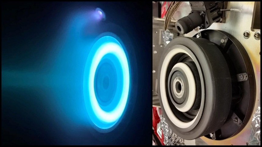 The photo on the left shows a working electric Hall thruster identical to those that will power NASA's Psyche spacecraft, while the photo on the right shows a similar malfunctioning Hall thruster.