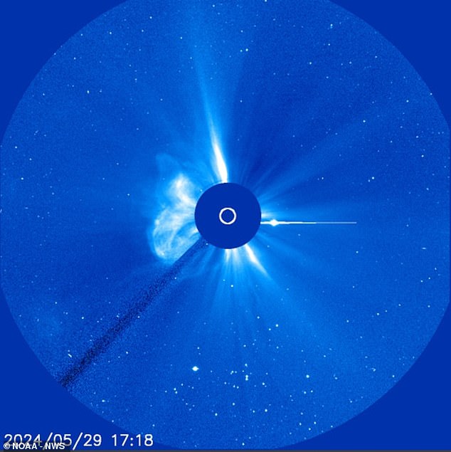 Friday and Saturday's upcoming solar storm, produced by the X1.4 CME solar flare (pictured top left center) ejected by Sunspot AR3697 yesterday.  The CME flare has already caused 