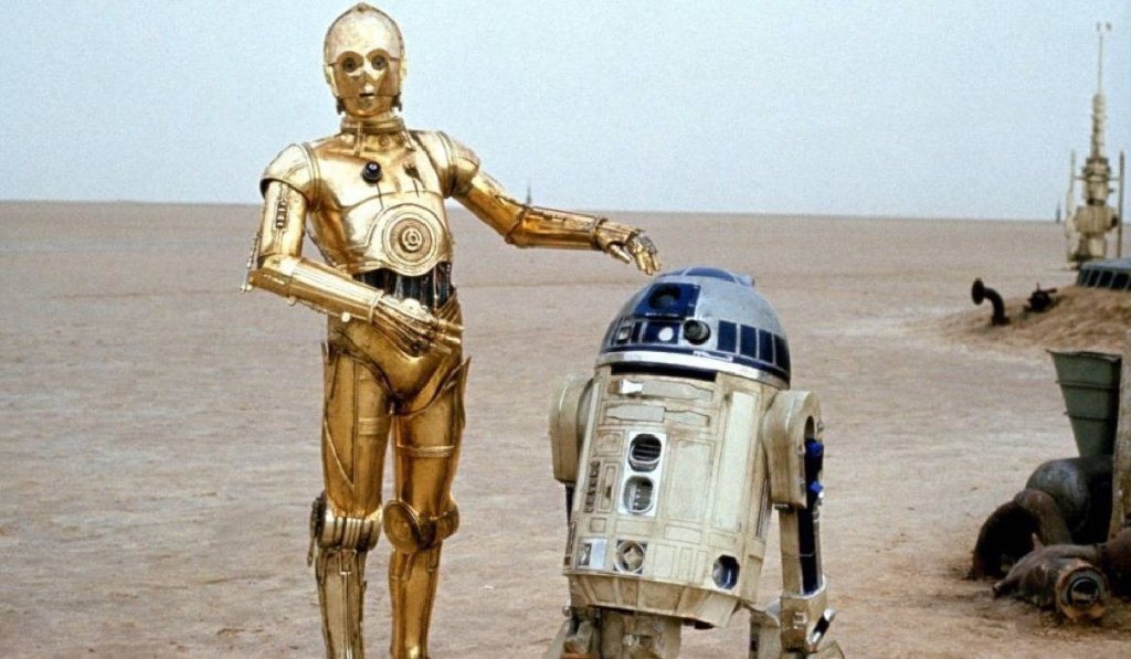 A shot from the movie Star Wars characters C-3P0 and R2D2