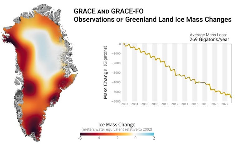 A map showing the rapid loss of ice around the edges and a graph showing the rapid decline.