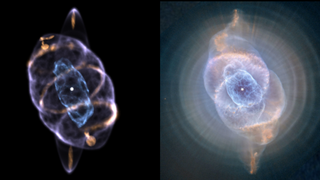 On the left is a 3D model of the Cat's Eye Nebula, which looks like a purple structure with a blue spot inside.  The background is black.  On the right is a very similar structure, but it is lighter in color and appears to emit light.