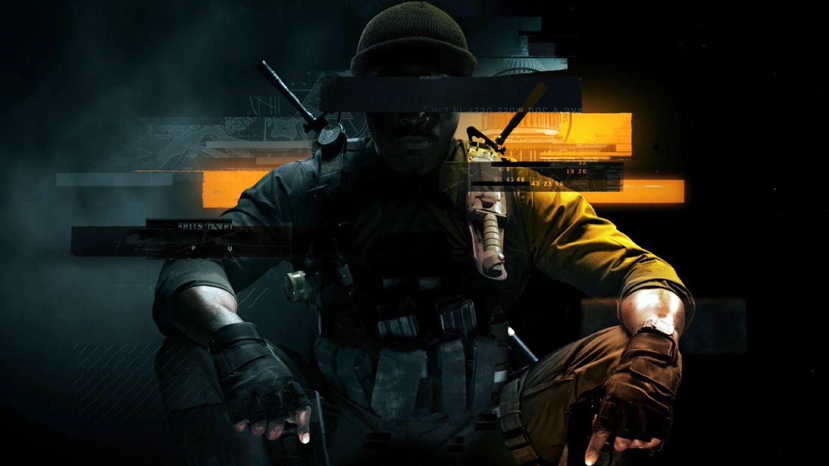 Key art for Call of Duty: Black Ops 6, an image of a camouflaged soldier crouching in a traditional Black Ops cover pose with his face obscured by color blocks in a redacted style.