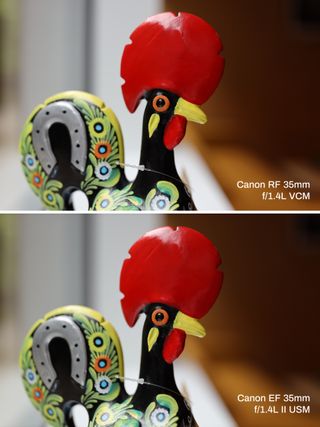 Two identical close-up images of the rooster figurine's eye