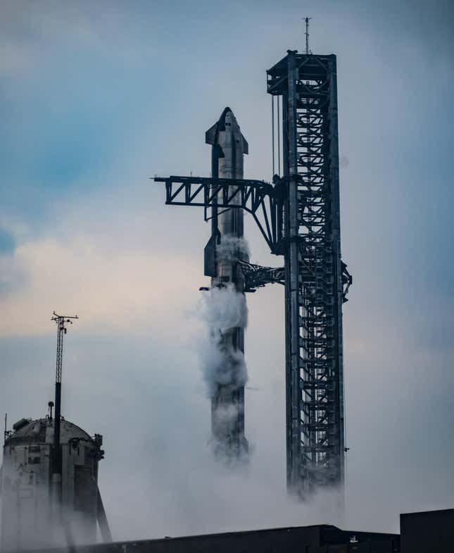 A Starship rocket at the Starbase launch station in Boca Chica, Texas.