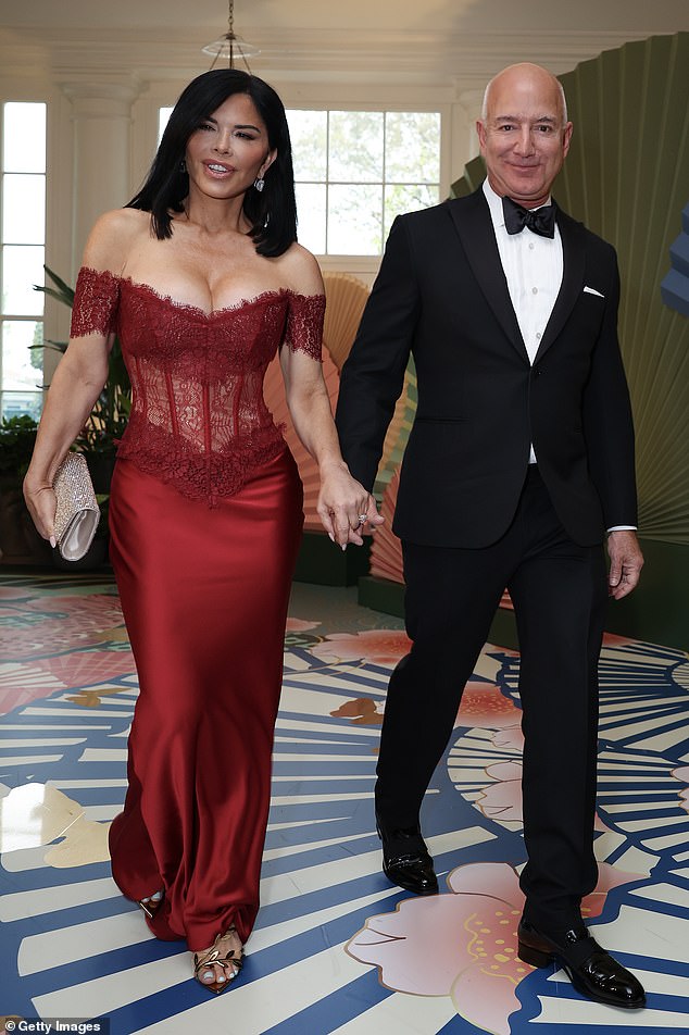 Amazon founder Jeff Bezos and his fiancee Lauren Sanchez arrive at the White House for a state dinner on April 10, 2024