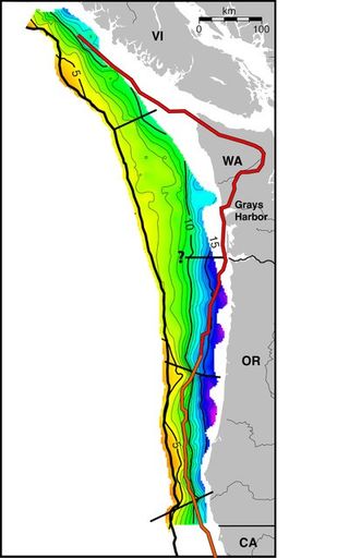 Seafloor map of the Cascadia Subduction Zone, showing the depth of the fault between the east-moving Juan de Fuca subduction zone and the North American plate.  Yellow/orange indicates shallow depths;  green, deeper;  deepest blues/purples.  The diagonal black lines approximate the division between the different segments of the zone.  The wavy red line on the right indicates the seaward edge of solid continental rocks that apparently cause the zone to break into these segments.