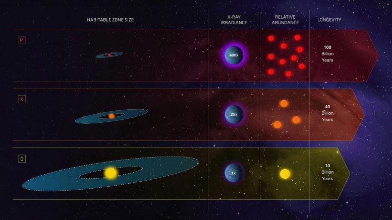 Comparison of G, K and M stars for habitability