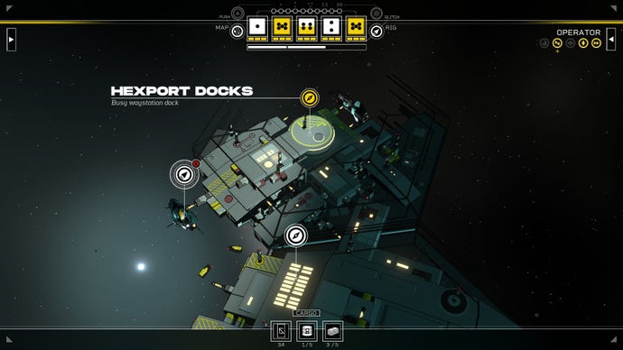 The player's ship is docked at the Hexport Docks, a gray space station.