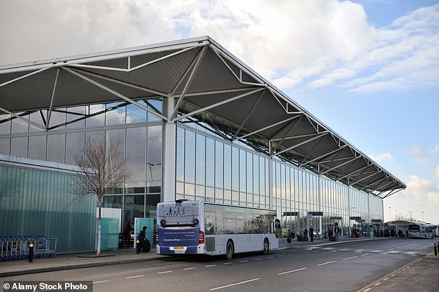 Special assistance teams at Bristol Airport (pictured) took them to the jet before it took off on its way to Kaunas, Lithuania - in a very wrong direction for Spain.