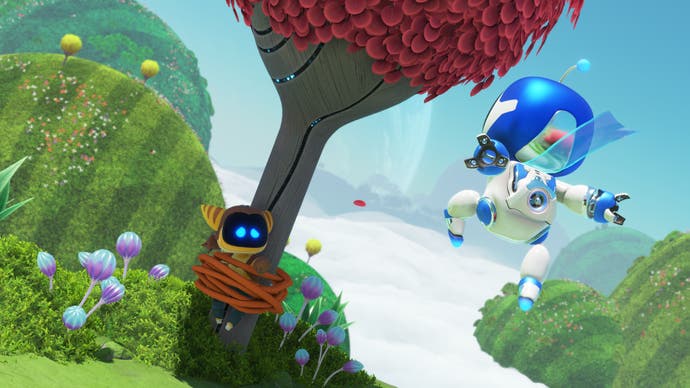 Official Astro Bot screenshot showing Astro jumping towards a bot tied to a tree