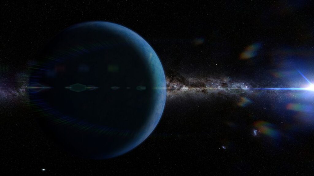 An artists intepretation of Planet Nine shows a large dark planet with the sun in the distance