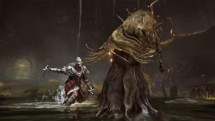 Elden Ring: Shadow Of The Erdtree trailer showing the Tainted fighting an enemy with the Reverse Hand Sword.