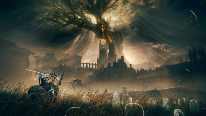 Promotional art for Elden Ring Shadow Of The Erdtree DLC with Tarnished and Torrent in The Land of Shadow.