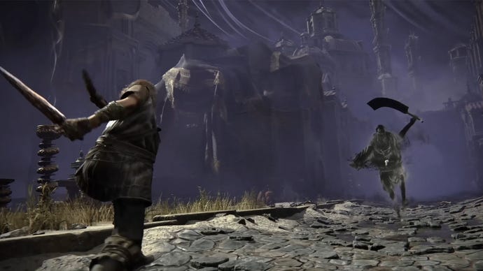 Elden Ring: Shadow Of The Erdtree trailer showing the Tainted fighting an enemy with a throwing dagger.