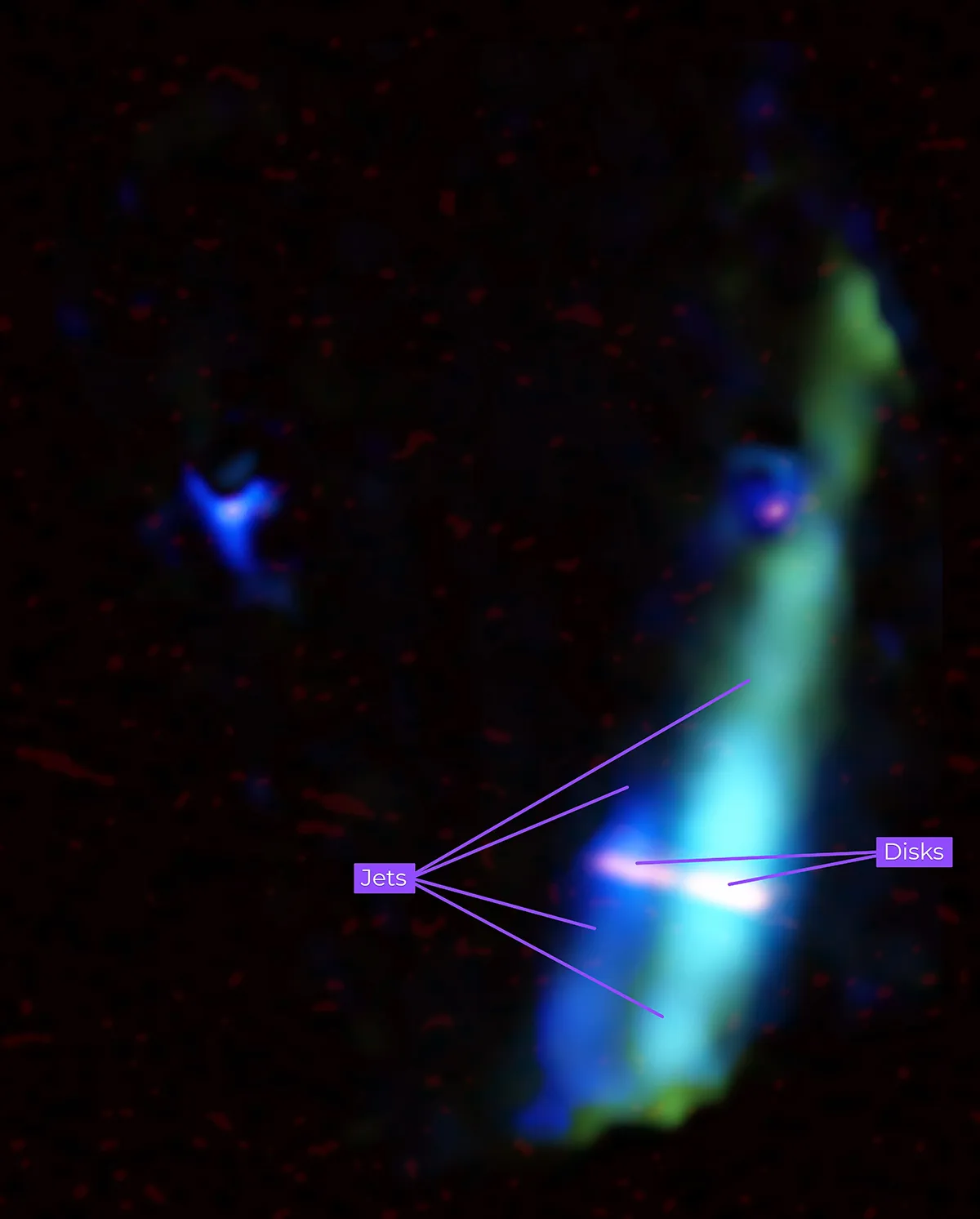 Data from the Atacama Large Millimeter/submillimeter Array and Mid-Infrared Instrument on NASA's Webb Telescope showing the jet-disc binaries WL 20S.  Credit: US NSF;  NSF NRAO;  ALMA;  NASA/JPL-Caltech;  B. Saxton