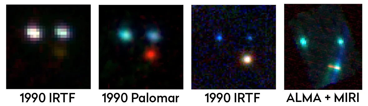 Four images showing the WL 20 star system as seen (from left) by NASA's Mauna Kea Observatory Infrared Telescope, the Hale 5.0-meter Telescope, the Palomar Observatory, the Keck II and Webb Telescopes, and the Atacama Large Millimeter/Submillimeter Field.