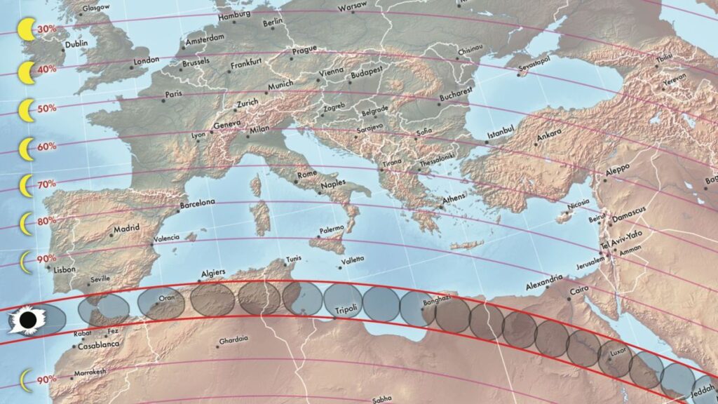 map showing the path of totality over the northern tip of Africa and southern Spain.