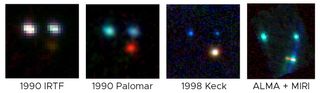 a panel of four square images displays three dots in different colors and focus.