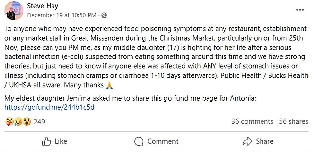 Antonia's father posted on Facebook asking if people had also experienced similar symptoms