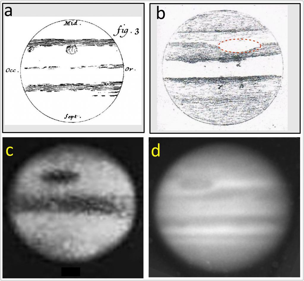 Four views of Jupiter and its GRS.  a is a drawing of the Permanent Spot by GD Cassini from 19 January 1672. b is a drawing by S. Swabe from 10 May 1851. It shows the GRS region as a bright oval with the boundaries marked by its depressions (drawn in red dashed line).  c is a photo by AA Common from 1879. d is a photograph from Observatory Lick with a yellow filter from October 14, 1890. Each image is an astronomical image of Jupiter with south above and east below.  Image Credit: Sánchez-Lavega et al.  2024.