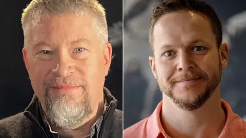 Bethesda Composite of two portraits.  On the left, a man with short gray hair and a beard is smiling.  To the right, in a similar studio portrait, a man with brown hair, a neatly trimmed beard and a salmon-pink polo shirt is smiling.