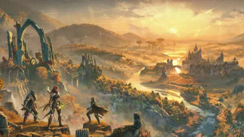 Bethesda The painting shows three figures in armor and holding swords standing on a high hill overlooking a vast landscape full of wooded areas and medieval-style buildings.  A city with tall towers can be seen in the distance.  The glow of the setting sun permeates the scene, adding to the fantasy quality.