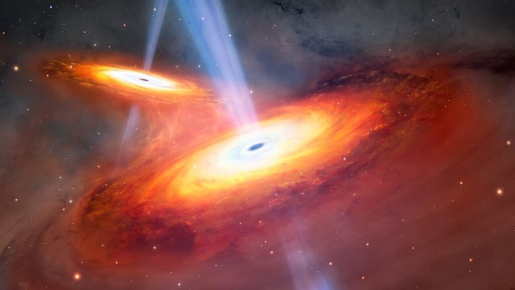 illustration of two swirling disks surrounding neighboring black holes