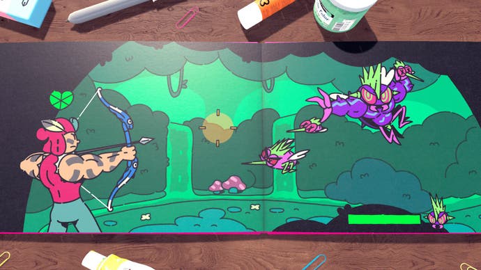 Screenshot of Plucky Squire showing a heroic 2D storybook scene as your more muscular character shoots flying enemies with a bow.