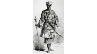 Illustration of King Ghezo.  He stands in a formal coat with a crown, sword and scepter.