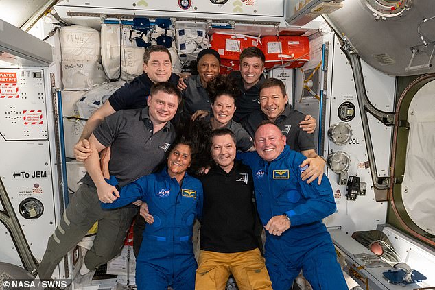 The crew aboard the ISS: Front from left are Suni Williams, Oleg Kononenko and Butch Wilmore.  Second row from left are Alexander Grebenkin, Tracy C. Dyson and Mike Barratt.  In the back are Nikolai Chub, Jeanette Epps and Matthew Dominick