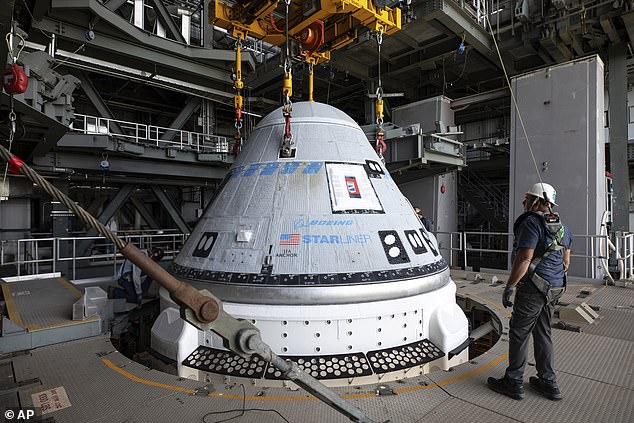 The Starliner is lifted into the Vertical Integration Facility at Space Launch Complex-41 at Cape Canaveral Space Force Station, Florida, on April 16, 2024