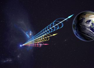 Artist's impression of a Fast Radio Burst (FRB) reaching Earth with colors indicating different wavelengths.