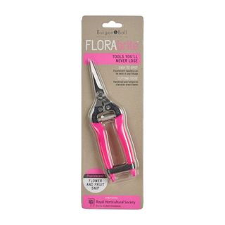 Small pruning shears with pink handles and silver blades in brown FloraBrite packaging 