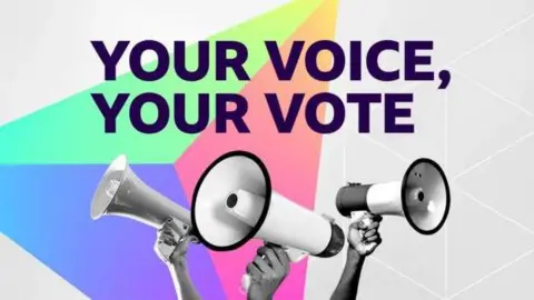 Your Voice, Your Vote branding with three hands raising megaphones