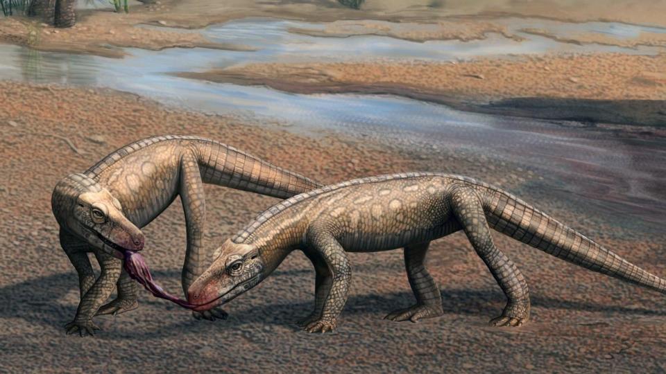 PHOTO: Artistic reconstruction of two individuals of Parvosuchus aurelioi in the Triassic landscape.  (Matheus Fernandes)