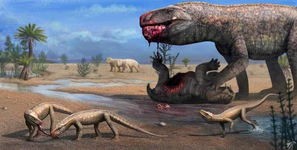 PHOTO: Mid-Late Triassic landscape in southern Brazil showing a large Prestosuchus chiniquensis feeding on a dicynodont carcass while individuals of Parvosuchus aurelioi compete for the remains.  (Matheus Fernandes)