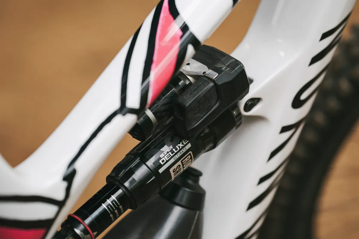 Rear shock with RockShox Flight Attendant electronic suspension adjustment