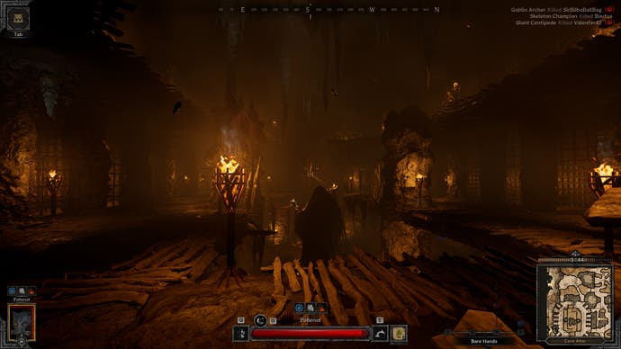 A screenshot of a dark dungeon and some wooden platforms and burning pans.  There are enemies outside, but where?