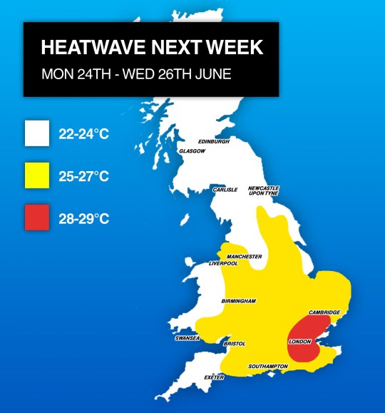 Map of the UK showing temperatures by region from Monday 24th to Wednesday 26th June