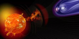 image of the Sun and Earth (not to scale) with the Sun emitting orange rays that fall on a series of blue rays radiating from the Earth