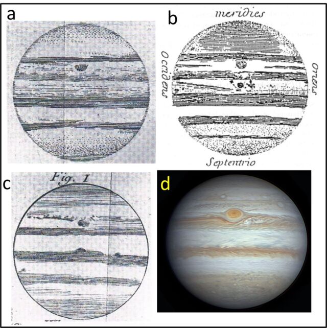 Comparison between the Permanent Spot and the current Great Red Spot.  (a) December 1690. (b) January 1691. (c) 19 January 1672. (d) 10 August 2023.