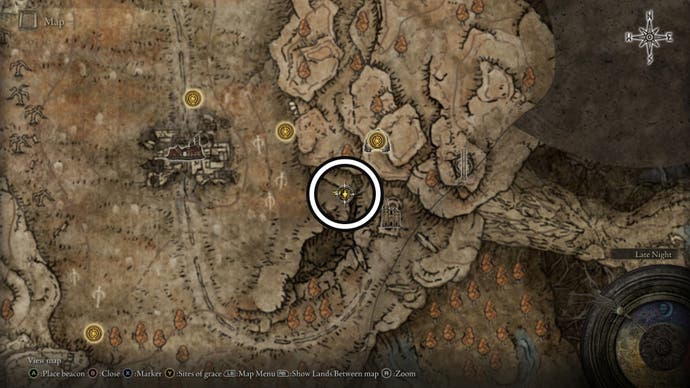 A screenshot east of Scorched Ruins of the Revered Spirit Ashes location on the Elden Ring Shadow of the Erdtree map.