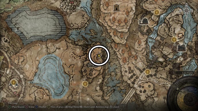 Screenshot of the Revered Spirit Ashes location from Abandoned Ailing Village on the Elden Ring Shadow of the Erdtree map.