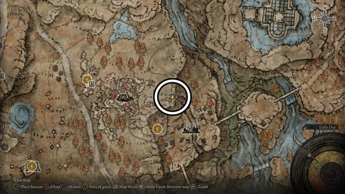 Screenshot between Moorth Ruins and Bonny Village Revered Spirit Ashes on the Elden Ring Shadow of the Erdtree map.